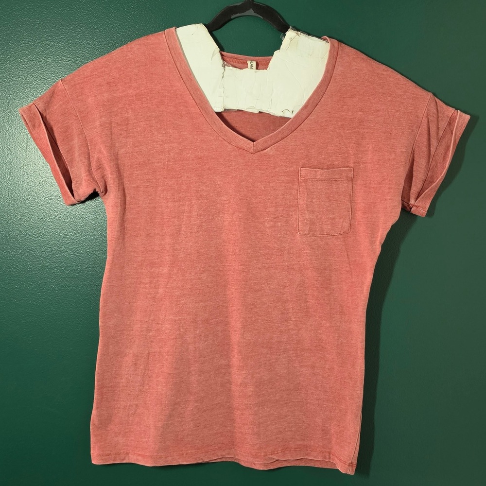 Flamingo Womens V-Neck Pocket T-Shirt Cuffed Sleeve Heather Coral Pink Large